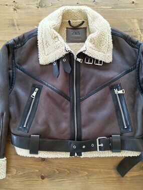 Zara Brown Faux Shearling Cropped Aviator Biker Jacket Sherpa Collar Size M